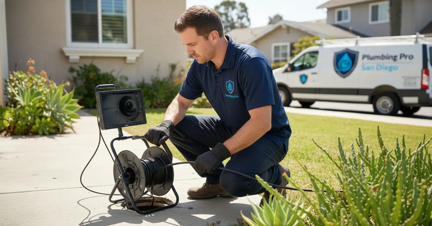 Plumber working on a sewer line repair job in a San Diego house