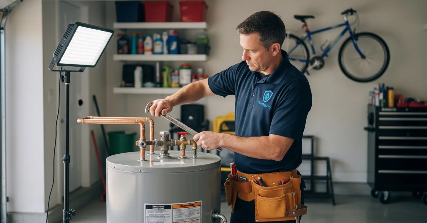 Plumber working on a water heater repair and replacement job in a San Diego house